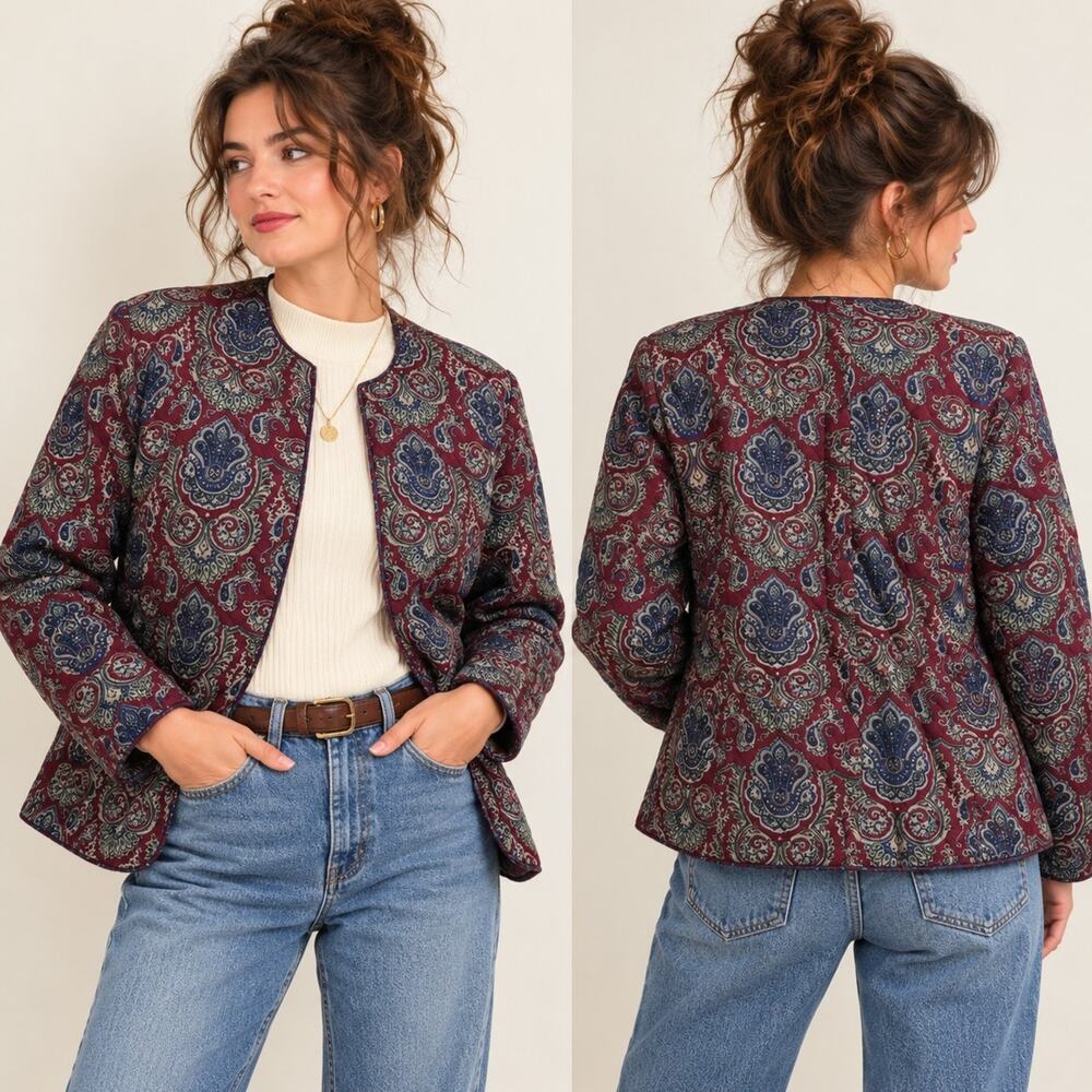 Vintage KSL Karin Stevens Size 20 Quilted Paisley Jacket Burgundy Blue Cottage